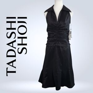 NEW Tadashi Shoji Vintage Ruched Midi Dress Sleeveless Tuxedo Style Black Size 6